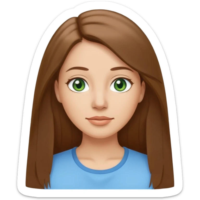 Adult woman avatar, light skin tone, oval face, straight long brown hair, green eyes, neutral mouth, sky blue top sticker