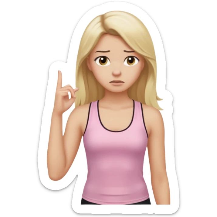 Create a young woman with long blonde hair, golden eyes, and medium-light skin tone, wearing a light pink tank top and leggings. She should be in portrait mode, but with a subtle doubting facial expression—slightly raised eyebrow, small frown, .  and her hand next to her chin like a thinker sticker