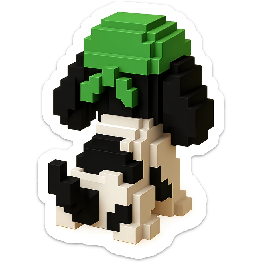 A black and white Russian Cocker Spaniel puppy wearing a green durag, facing backward sticker