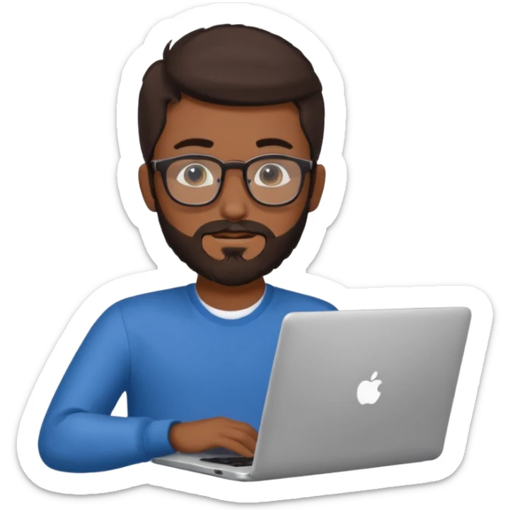 23 year old Azerbaijani man with very dark brown hair and beard with glasses and laptop sticker