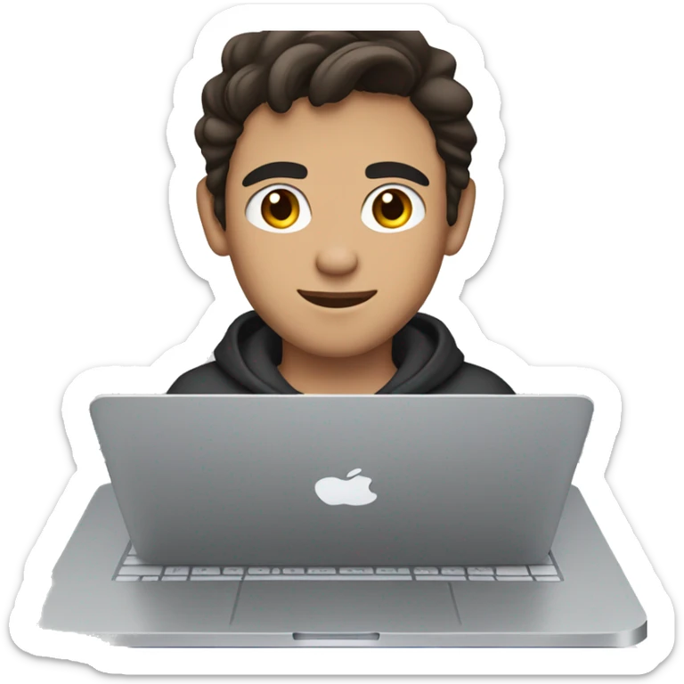 Young man with dark hair and brown eyes sits in front of silver macbook, front view sticker
