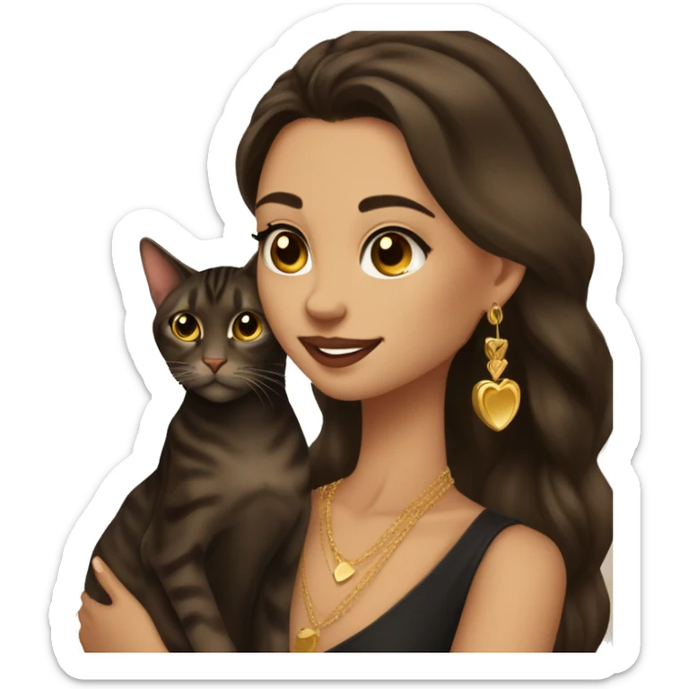 Beautiful skinny woman long dark brown hair in dark dress with gold earrings hug bengal cat sticker