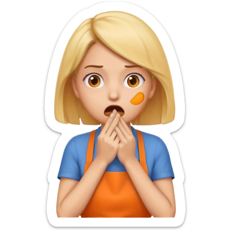 scared woman with her hands on her mouth, emoji style, more details, sideways pose, orange apron, different pose, different expression sticker