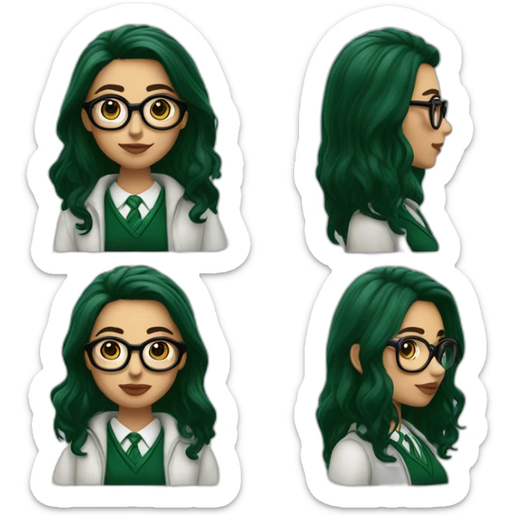 chica blanca con lentes y cabello negro liso y ojos cafés con labios color burdeo de la casa de slytherin sticker