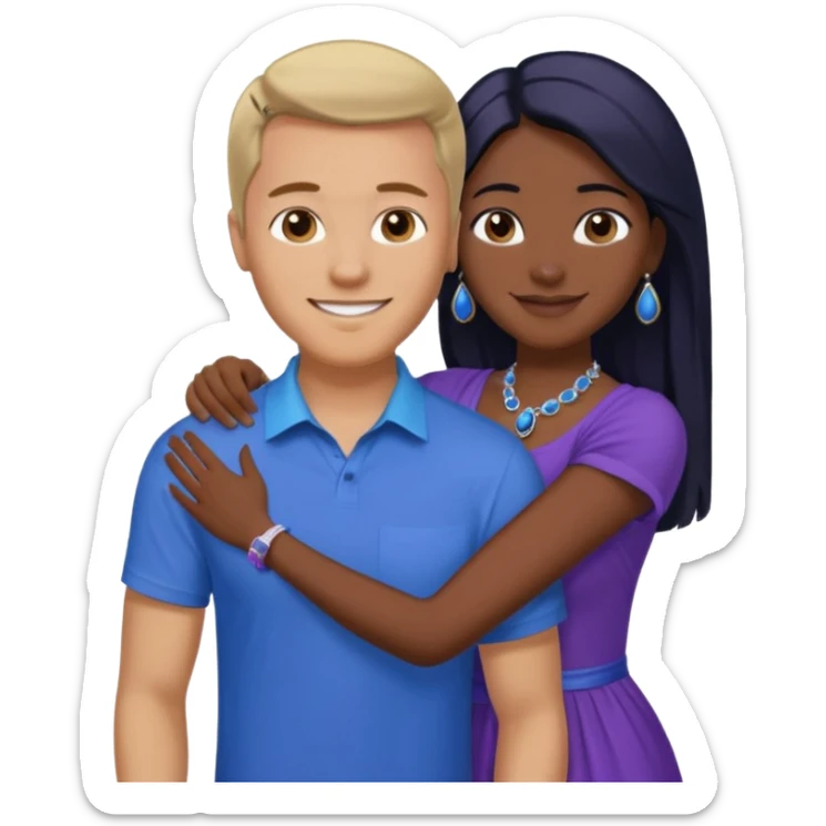 smiling embracing interracial couple. man is tan and has brown straight hair he is wearing blue. woman has very dark color skin and long black hair. she is wearing purple and has matching blue jewelry on sticker