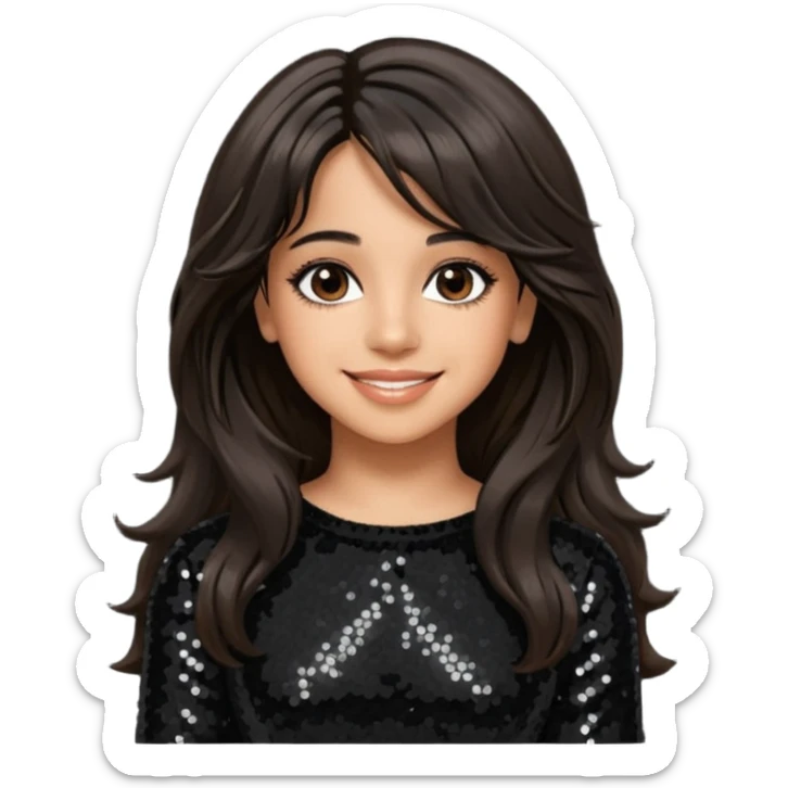 Camila Cabello from Fifth Harmony with long dark brown hair, black sequin outfit sticker