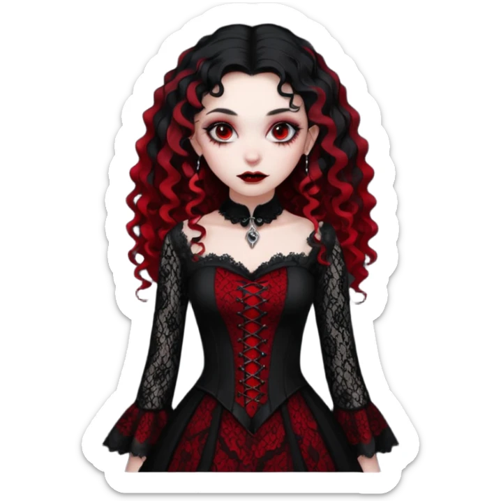 A girl with a red goth vampire look in a black and red goth lace dress with long sleeves and long black curly hair bold look on her face sticker