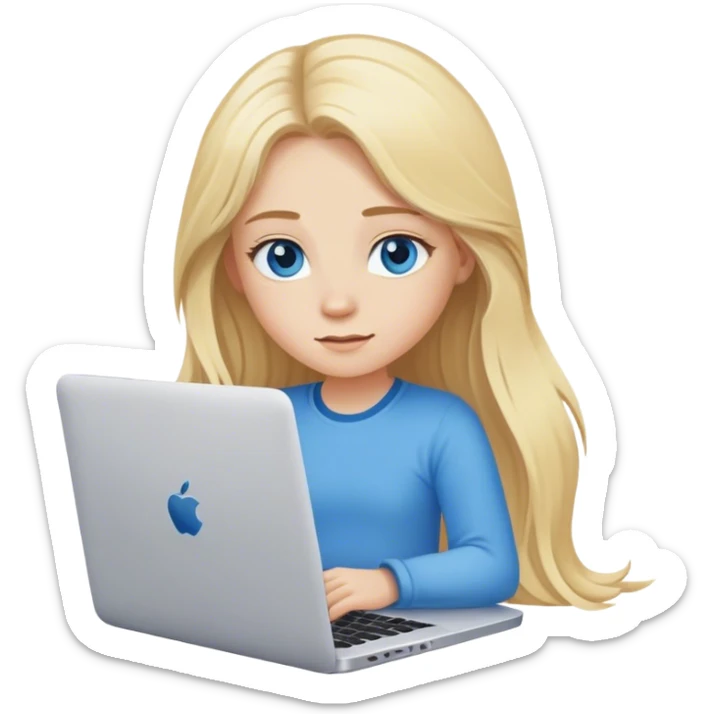 blonde girl with long hair and blue eyes sits at a laptop sticker
