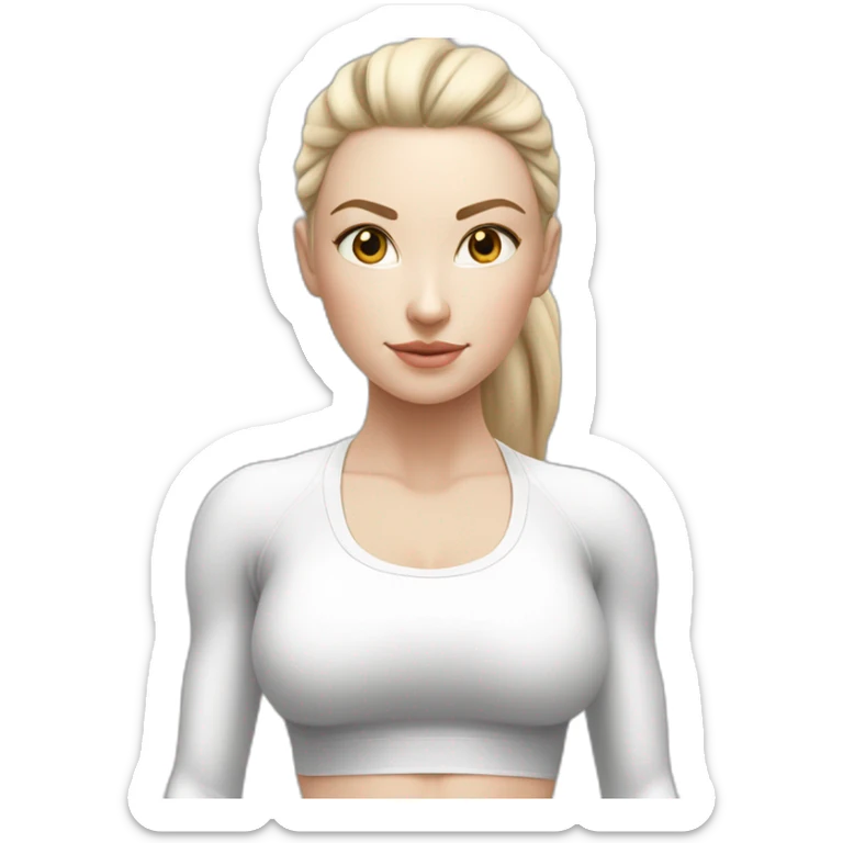 Pale skinned fit woman In a white tight yoga suit With ash blonde hair in a ponytail and gray eyes doing yoga sticker