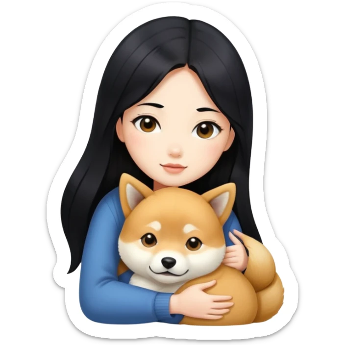 A beautiful girl with long black hair hugs a Shiba Lnu sticker