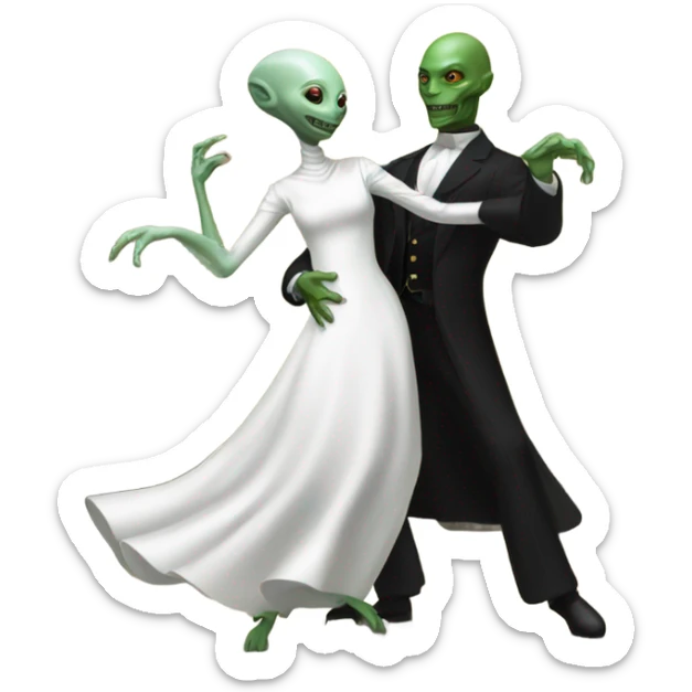  a Reptilian alien woman, in white dress, dance with a human man in frack sticker