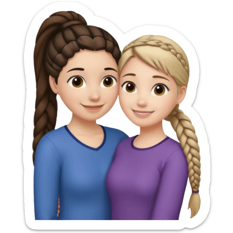 Comforting Hug two white skin women, one shorter woman with medium brown simple top ponytail, not braided, and one taller woman with a single long black side braid sticker