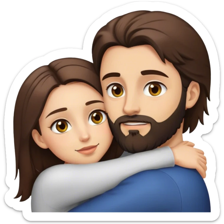 Emoji style couple hugging passionately: a brunette girl with hazel eyes and brunette man with a beard and grey eyes sticker