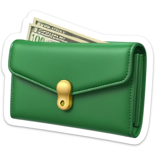 Rich emoji style green leather wallet with dollar bills, luxury money vibe, premium 3D emoji, ultra clean, high detail, no background sticker