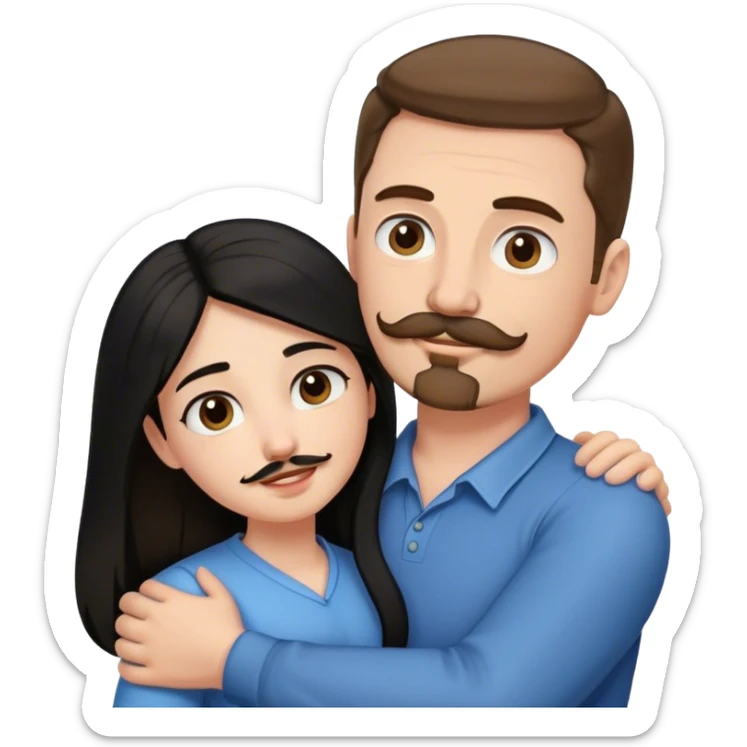 Couple, Tall strong white man with brown hair mustache and goatee, hugging small pale woman long with black hair sticker