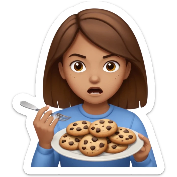 Angry girl brown hair that’s eating a plate of cookies sticker