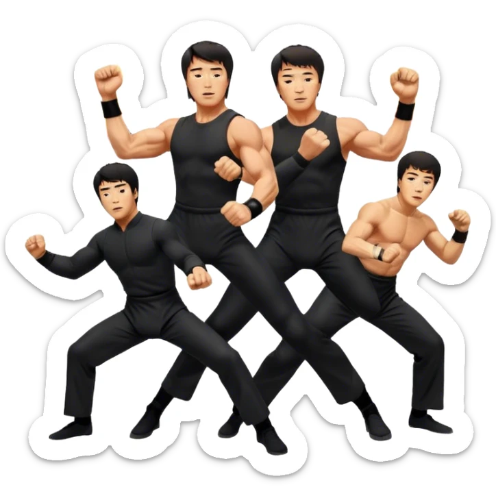 Icon for Action Movies: Collage of Arnold Schwarzenegger, Sylvester Stallone, Bruce Lee, and Jackie Chan in iconic action poses, surrounded by explosions, weapons, and martial arts moves. The design should capture the high-energy, dynamic nature of their films. Transparent background. sticker