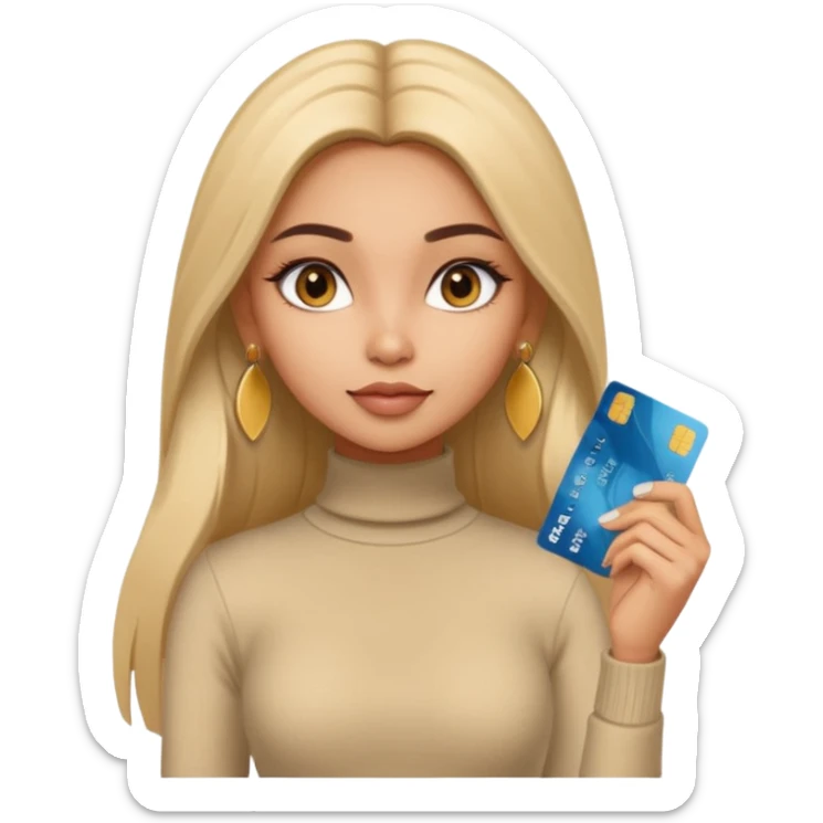 a pretty bratz fair indian girl wearing a beige turtleneck, golden earrings, straight ling hair, holding bank cards sticker