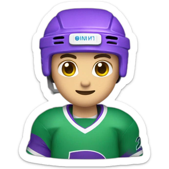 Un joueur de hockey avec un chandaille mauve et vert sticker