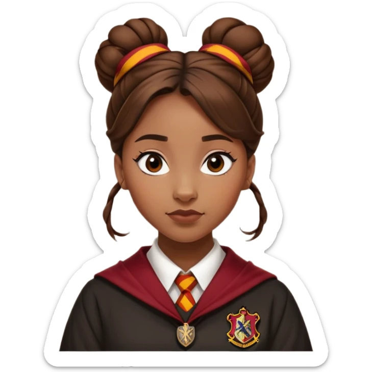 Angelina Johnson in harry potter, wear hogwarts gryfindor uniform,  thick, brown knot bun hair , reflecting her bold, stylish, and strong personality sticker