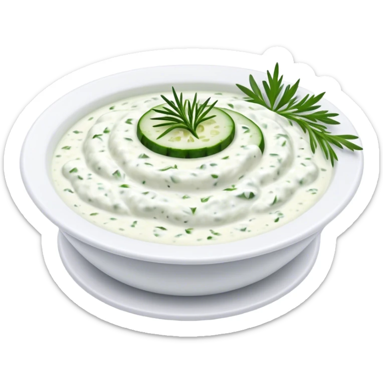 Cinematic Realistic Tzatziki Dish Emoji, featuring a creamy, tangy yogurt sauce with cucumber and herbs rendered with soft textures and cool, refreshing lighting. sticker