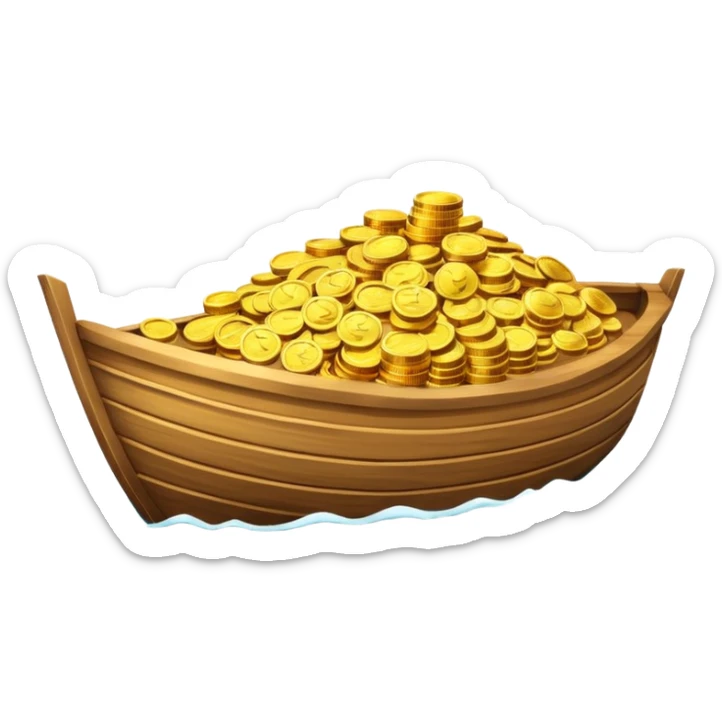 emoji of gold coins on the boat in the sea sticker