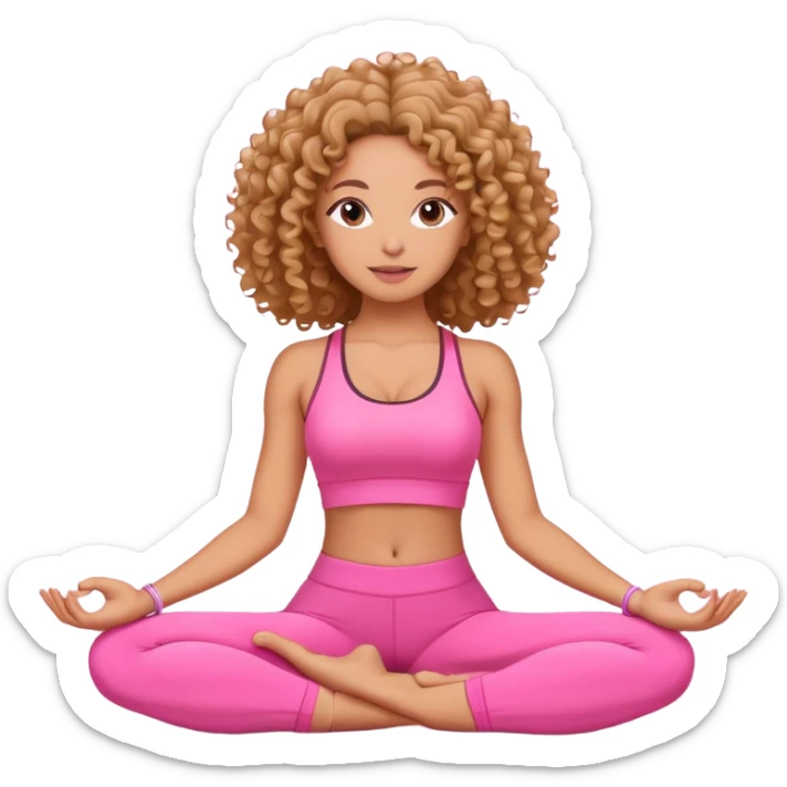 Uma mulher de cabelo cacheado, usando roupa de yoga rosa, em uma posição de yoga bonitinha  sticker