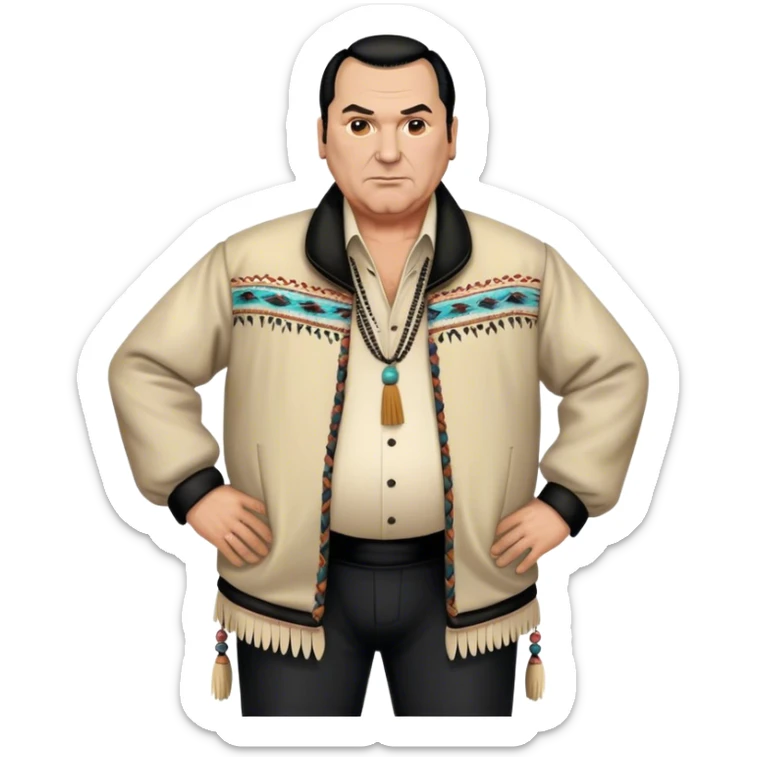 unhealthy steven segal full-body balding with ponytail. pot belly. native american style jacket-with-tassles black pants big belly sticker