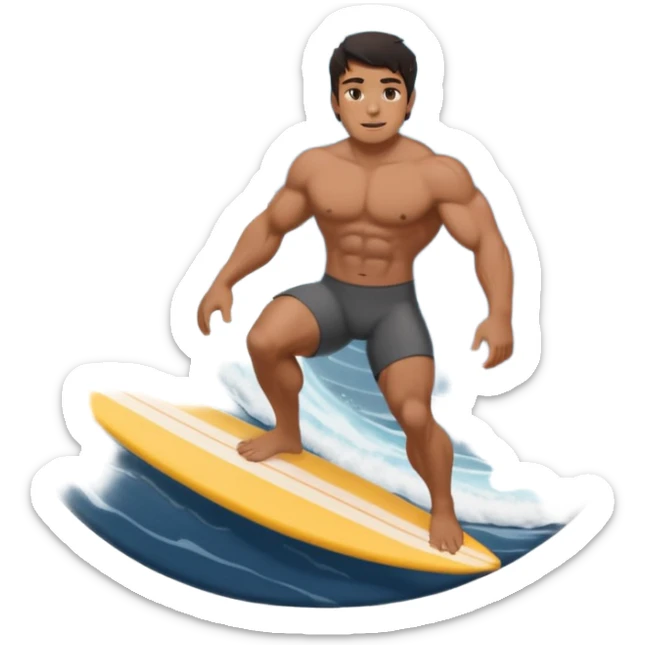 Indo guy dark hair and big muscles pro surfer surfing abig barrel wave in dark grey swimmers sticker