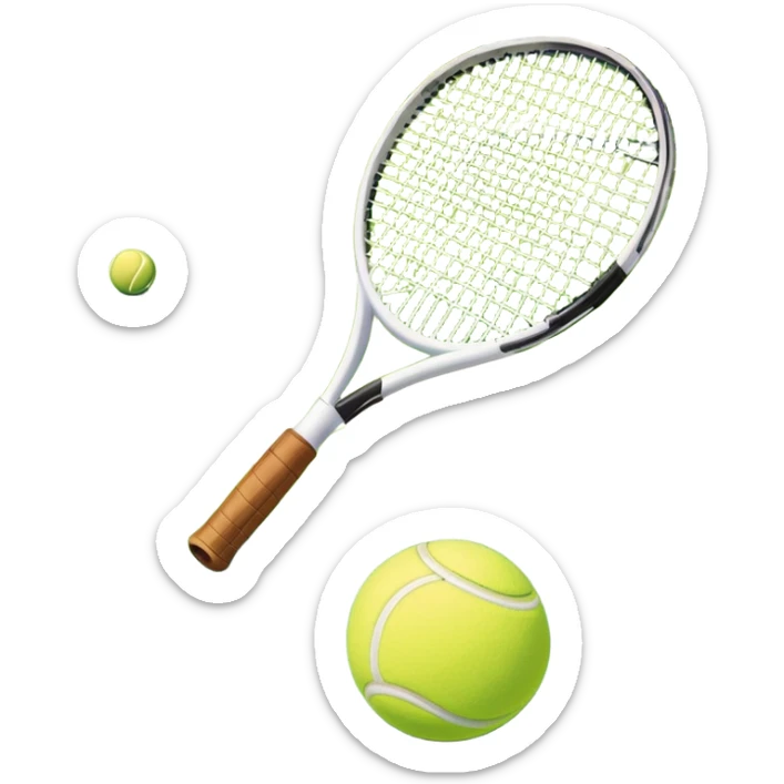 A tennis racket and ball positioned on a grass court, with the net and lines clearly visible in the background. The scene emphasizes the classic elements of the sport, capturing the energy and precision of a tennis match. sticker