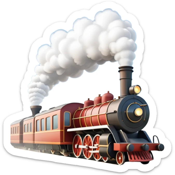 A 3D cartoon steam train puffing clouds of white smoke from its chimney, outdoor scene, warm sunlight, realistic Memoji-style. sticker