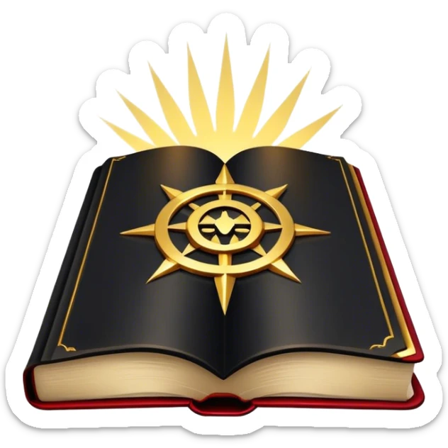 Un libro negro mate con detalles en dorado profundo o rojo oscuro, irradiando una sombra poderosa, con un símbolo, y una ligera aura de calor, reflejando el poder de vivir sin miedo.  sticker