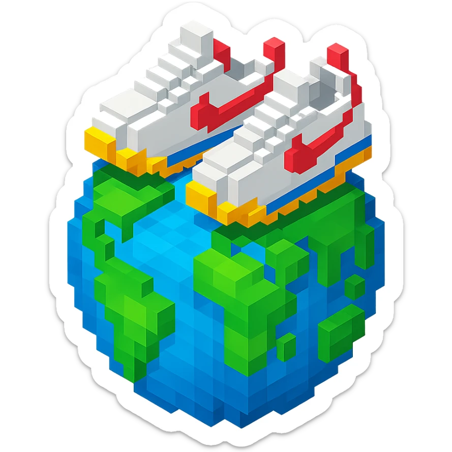 isometric view of Earth globe with a pair of Nike Cortez sneakers walking on top, voxel style sticker
