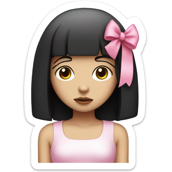 sad girl with white skin and straight black hair with a pink bow on her head sticker