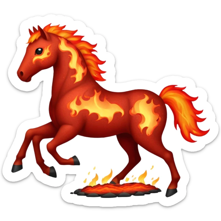 A red fast horse made of embers, magma, and visible lava, with flames burning around it and ash particles floating sticker