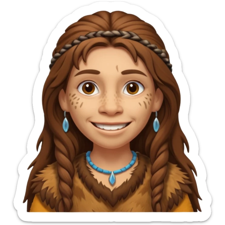 smiling Neanderthal woman with long hair and animal skin clothing sticker