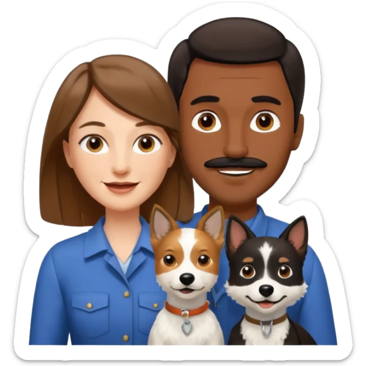 Quiero a una mujer blanca  con el pelo por el hombro lacio castaño  con un hombre de color morochito con el pelo negro y bigote, ambos felices  y un solo perro blanco Fox terrier  sticker