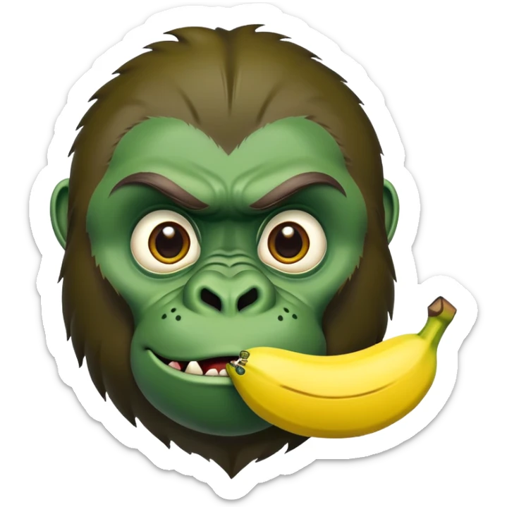 A cartoon banana with a forest green gorilla face, big nostrils and menacing expression sticker