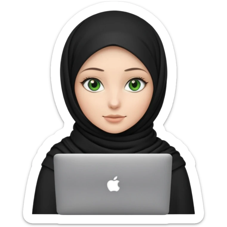 women with black scarf hijab , with green eyes  ,without hair, with macbook sticker
