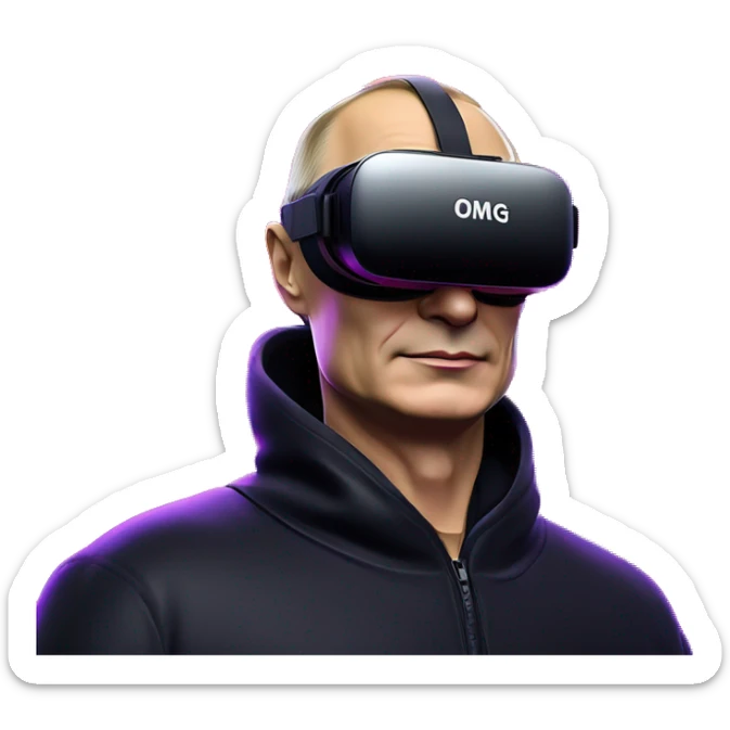Vladimir Putin wearing a black hoodie with "OMG" letters on it and VR headset oculus quest 2 in a cyberpunk VR environment with violet neon lighting. sticker