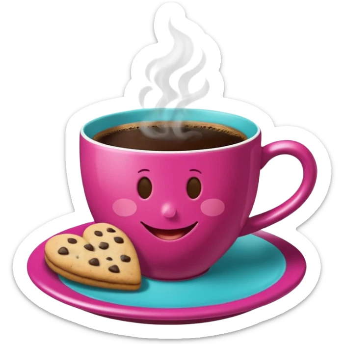 cup of coffee, steaming, the smoke should come out in the shape of a heart, the color of the cup is fuchsia, the cup has a happy face printed on it, the cup rests on a turquoise blue plate, and there are cookies and sugar cubes around the cup. sticker