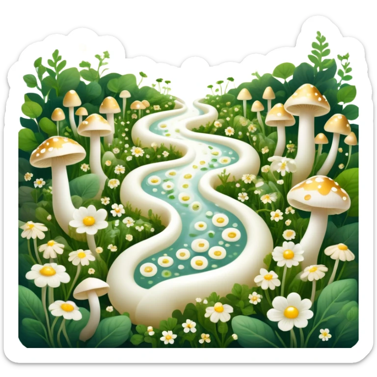 Glowing garden of probiotic foods: yogurt as white flowers, kefir as luminous mushrooms, and fermented vegetables as magical plants. Beneficial bacteria appear as tiny golden lights floating through the garden. The intestine forms a spiraling path surrounded by this magical ecosystem. sticker