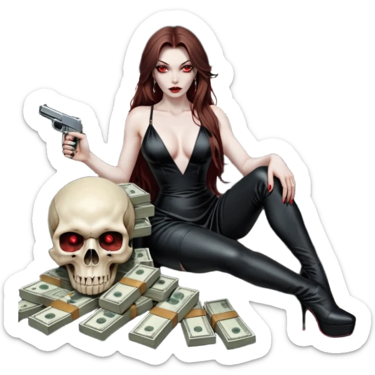 Lilith red eye seductress evil long brown haired sexy succubus woman with leather long dress with slit on, sitting in Big Large F350 pickup truck. Wearing super tall black platform high heels, Back seat full of stacks of cash, she is  Holding a human skull of her enemies and a gun in other hand sticker
