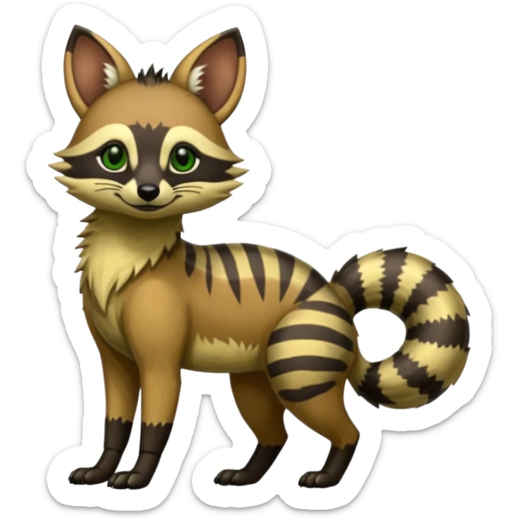 Shiny Green Dusky Dark Gloomy Glossy Aardwolf-Maned-Numbat-Tanuki-Genet-Bobcat-fusion-animal-hybrid-creature, full body sticker