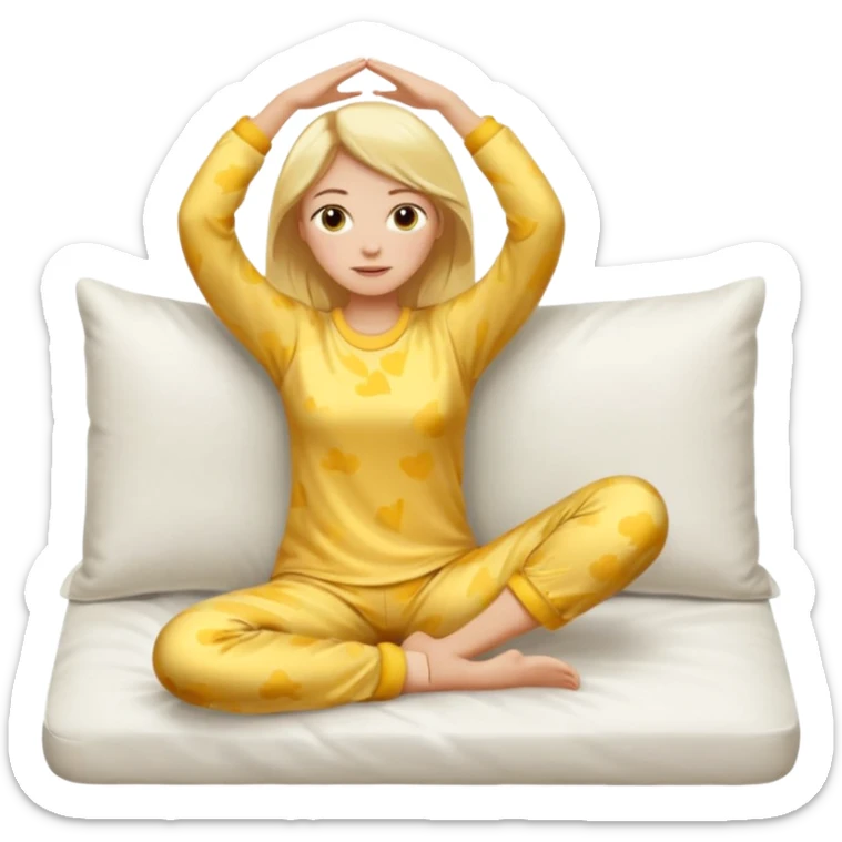 woman with blond hair in yellow pajamas, stretching after waking up on a white pillow, classic iOS emoji style sticker