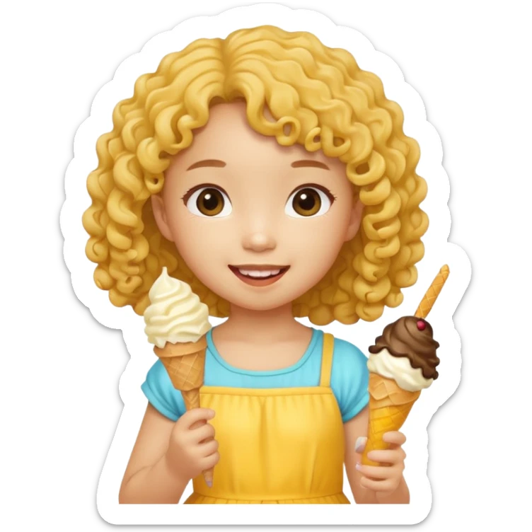 a little asian girl kid with curly hair, yellow dress, eat ice cream sticker
