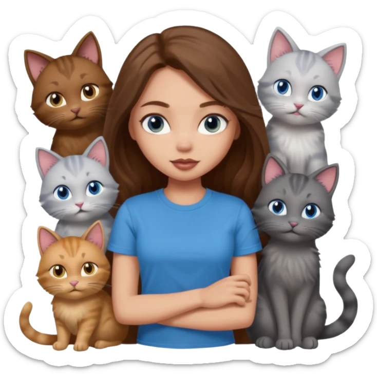a pretty bratz dusky light skin girl with long brown hair, blue eyes with six cats nd wearing a grey tshirt sticker