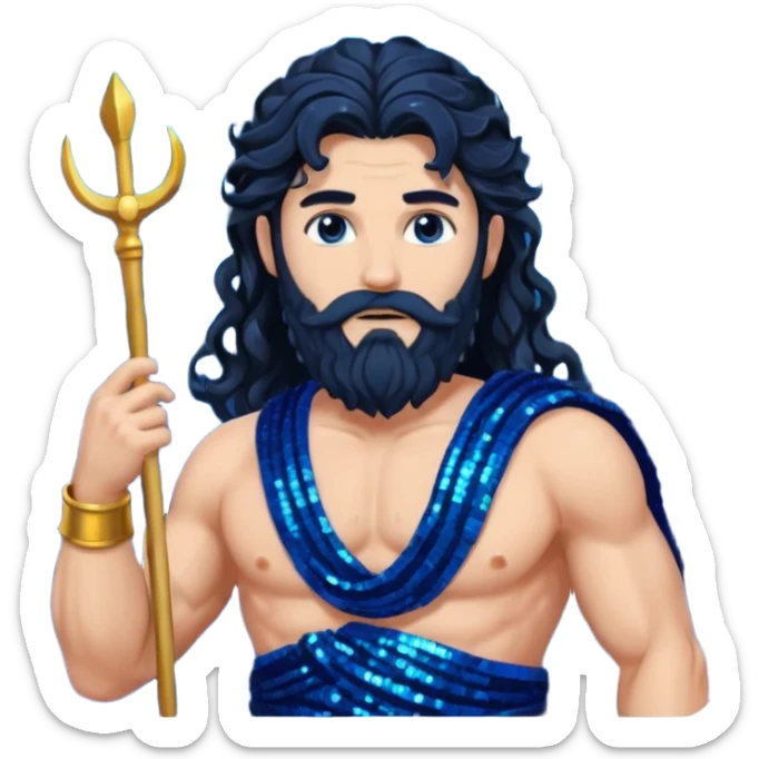 Neptune, God of Sea from Roman Deities with long jet black wavy hair and beard, dark blue sequin toga sticker