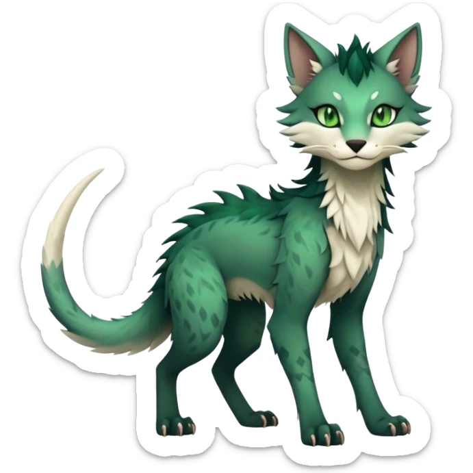Kawaii dark edgy ethereal feline-vernid-sergal-fursona animal creature with a tufted tail full body with intricate markings with green eyes sticker