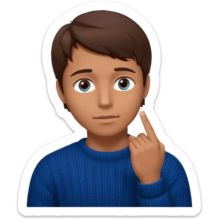 man in black knitted sweater in thinking pose, blue eyes brown hair, index finger touching his chin, eyes looking up to the top right sticker